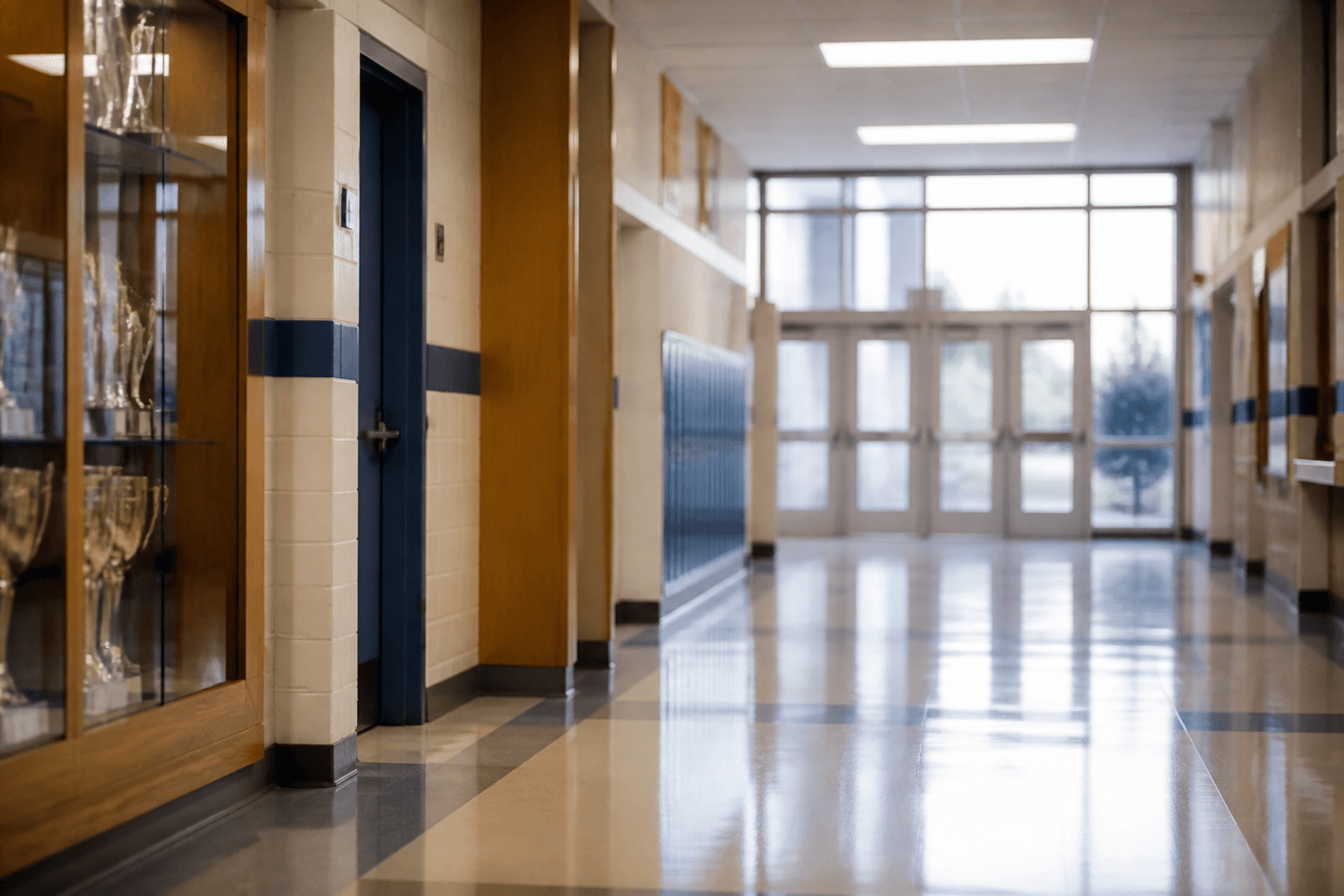 Students walking through a bright school hallway