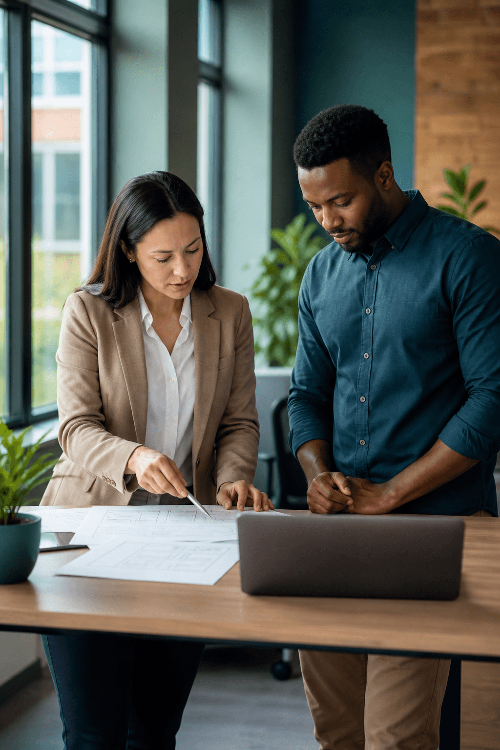 Two colleagues reviewing sketches at a standing desk in a bright office