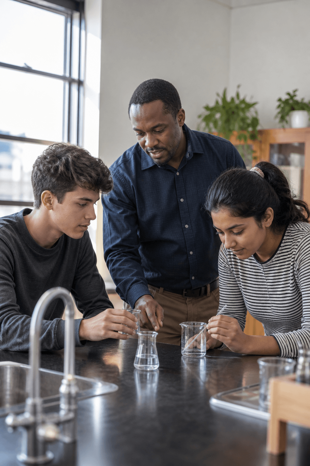 A teacher working with students at a science lab bench